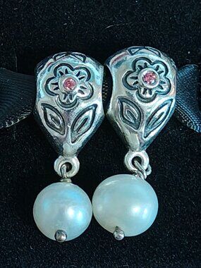 Authentic Pandora Pink Flower Pearl Dangle Charm 790546P Pair Retired